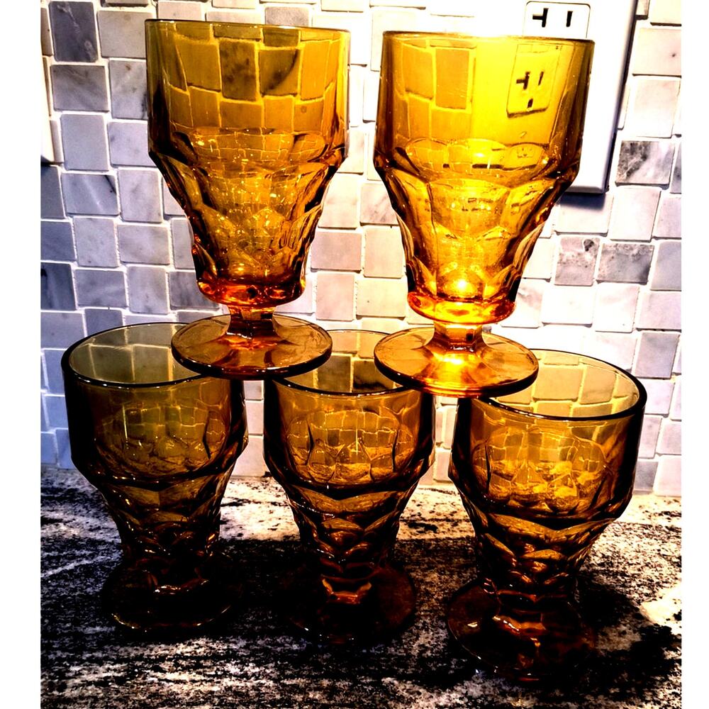 616. Vintage Amber Footed Goblet Set Honeycomb